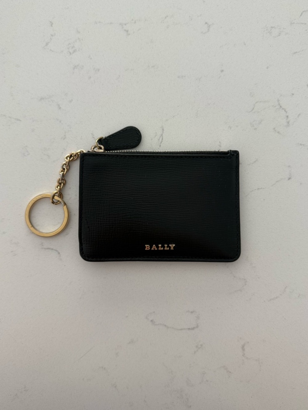 Bally Black Leather Zip Card Holder with Gold Key Ring